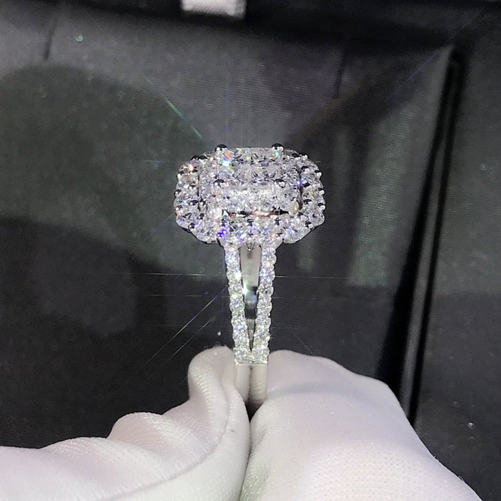 NEW 925 Sterling Silver Diamond Halo Square Ring V - Picture 5 of 6
